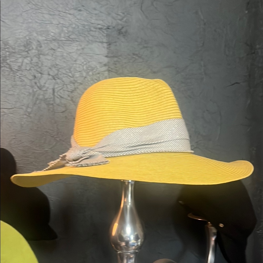 Vibrant Yellow Sun Hat with Wide Brim and Gray Band